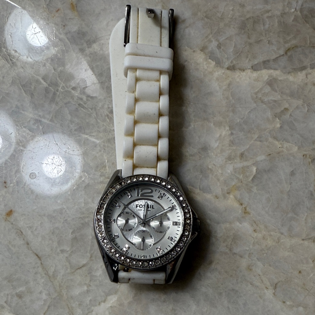 Fossil Silver And White Watch With Crystal Details